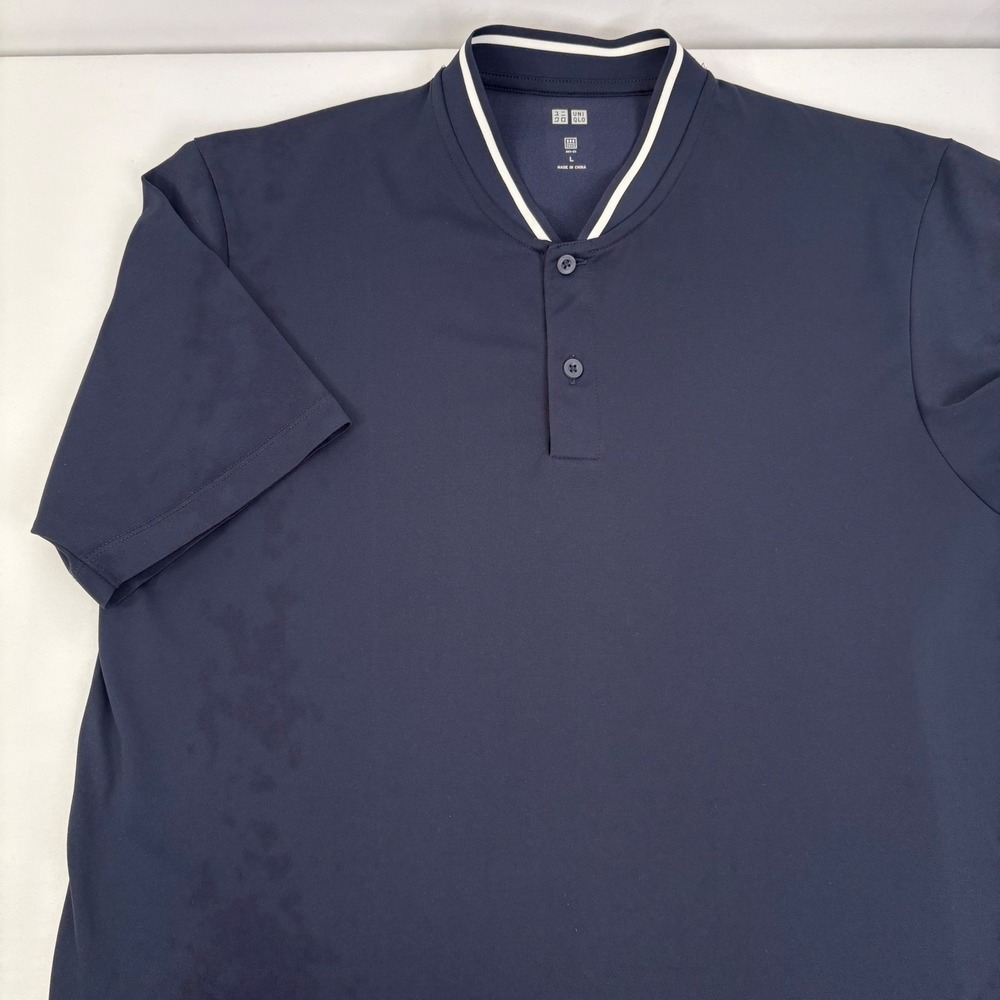 Uniqlo Men's Dry-EX Polo Stand Collar Shirt Navy Blue Tipped Band Collar Size L